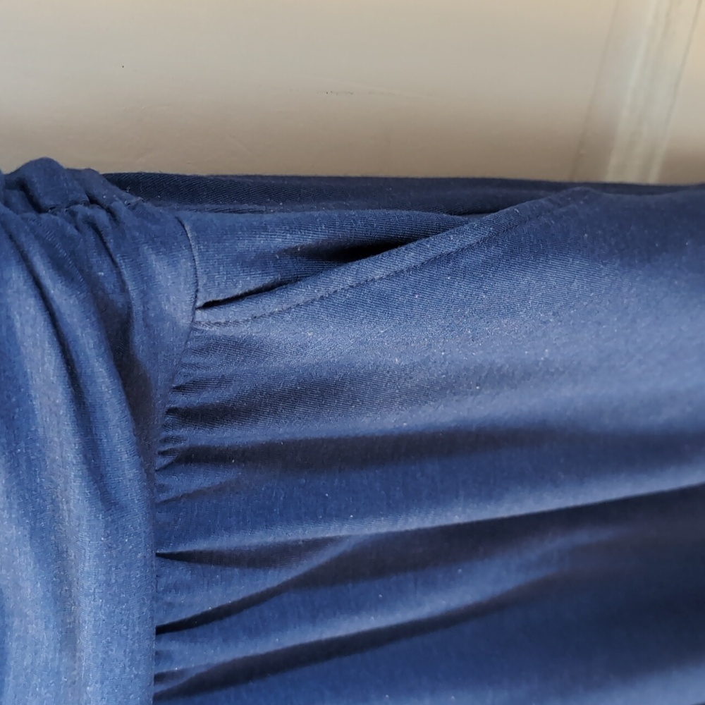Betabrand Blue Ruched Midi Sundress with Cowl Neck - Picture 3 of 6